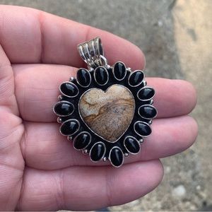 Sterling silver 925 cluster heart necklace black onyx and picture jasper pendant
